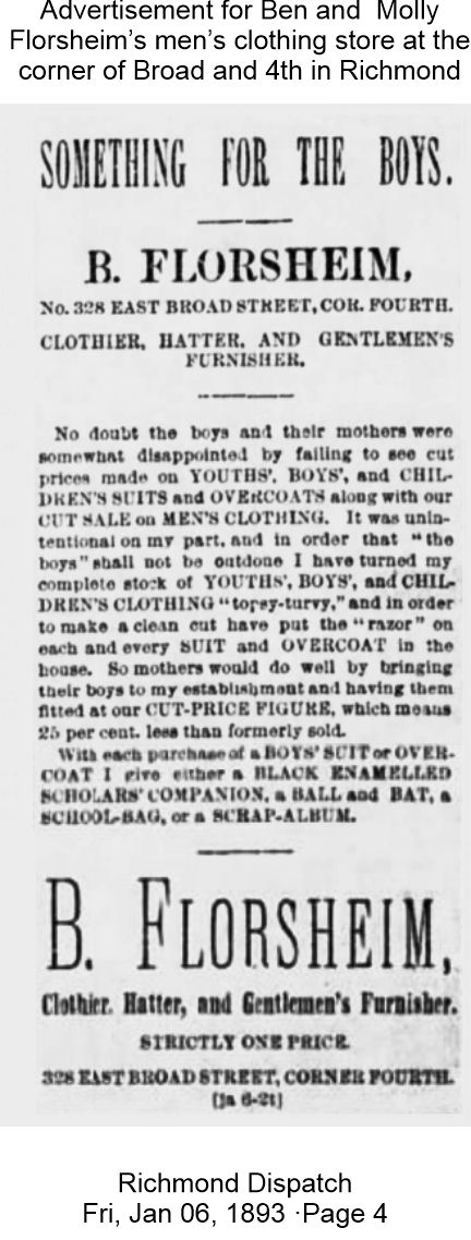 Benjamin and Molly Florsheim's Richmond, VA store in 1893